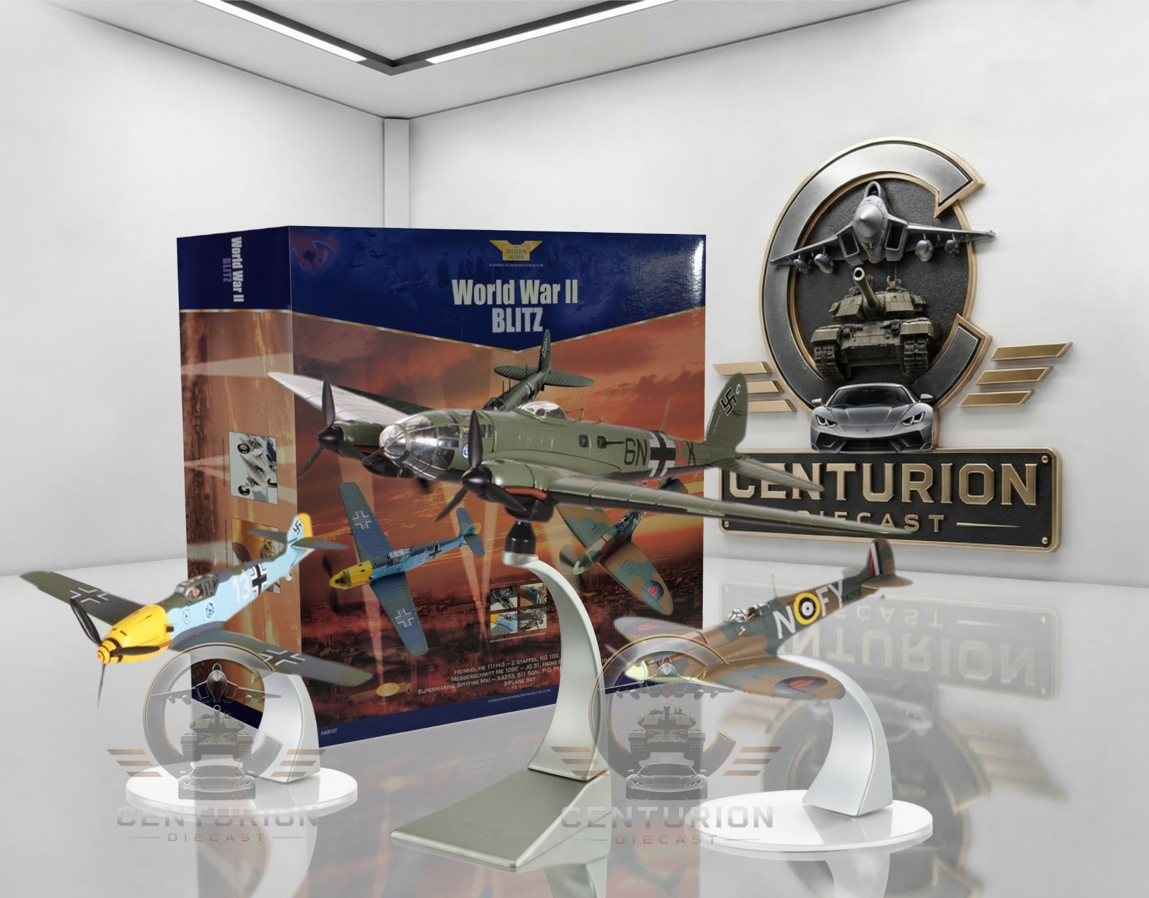 CORGI 3 PIECE SET, HEINKEL HE 111H-3, MESSERSCHMITT BF109E, SUPERMARINE SPITFIRE MK.V
